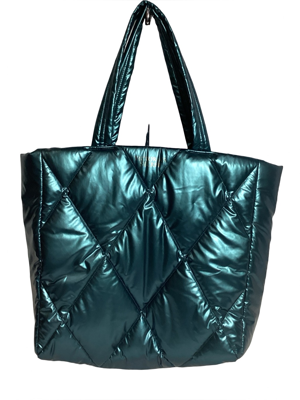 Victoria&acirc;s Secret Large Quilted Emerald Green Puffer Metallic Tote Travel Bag